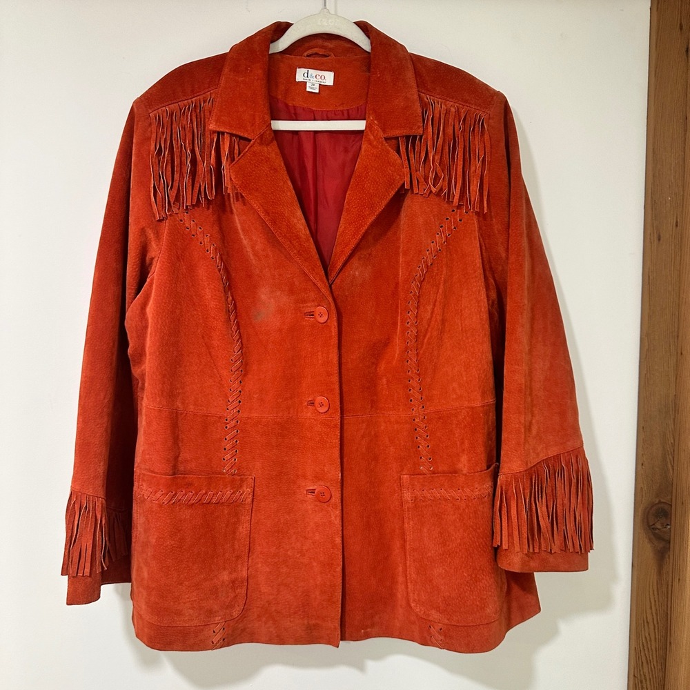 Denim & Co. Suede Fringe Jacket Women 2X Orange Leather Western Boho Coat